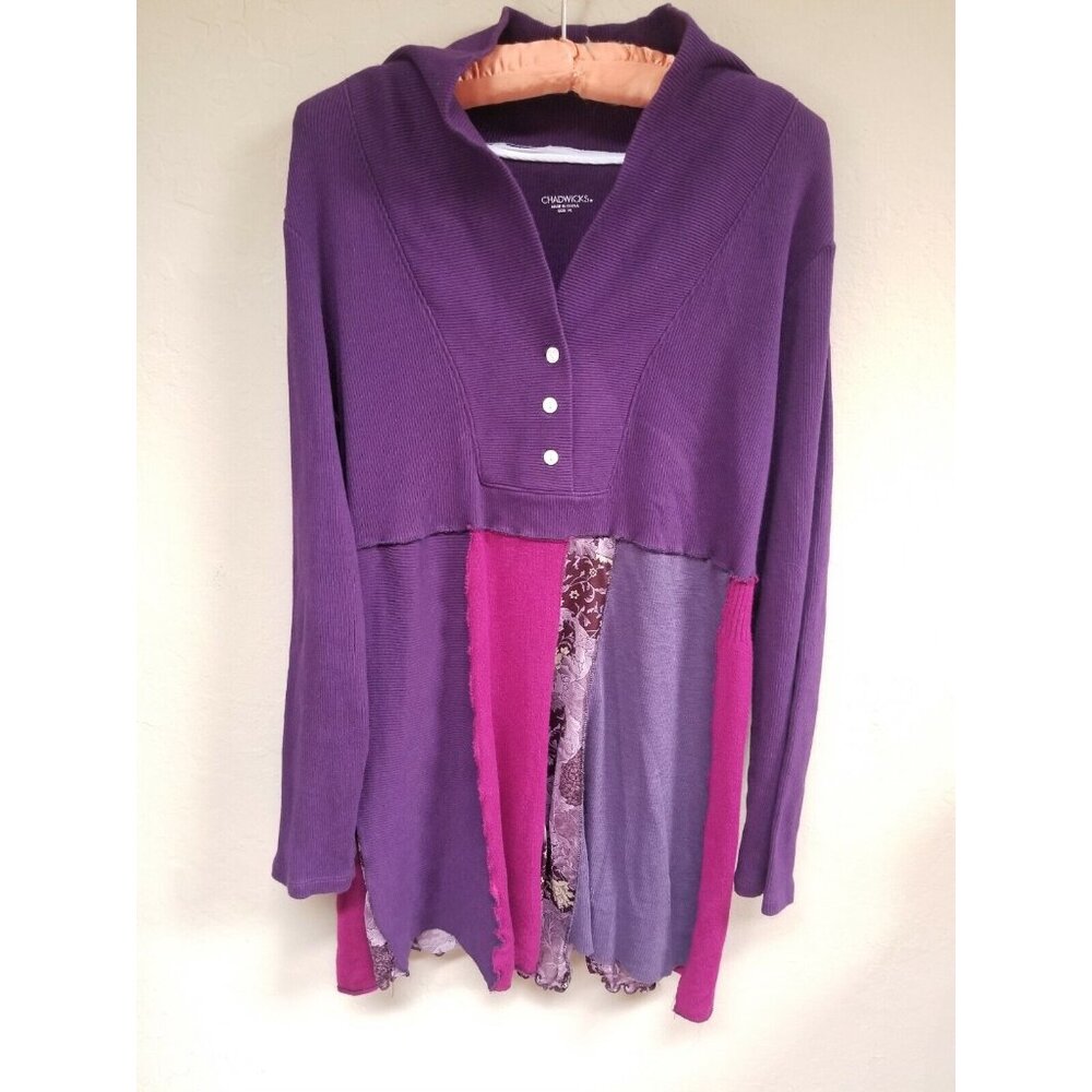 Chadwicks Womens PL V-neck Long Sleeve Ribbed Patchwork Boho Sweater Purple